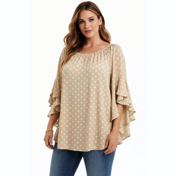 Vince Camuto Tops - Vince Camuto L Polka Dot Ruffle Tiered Sleeve Top Tan White Flowy Cottagecore